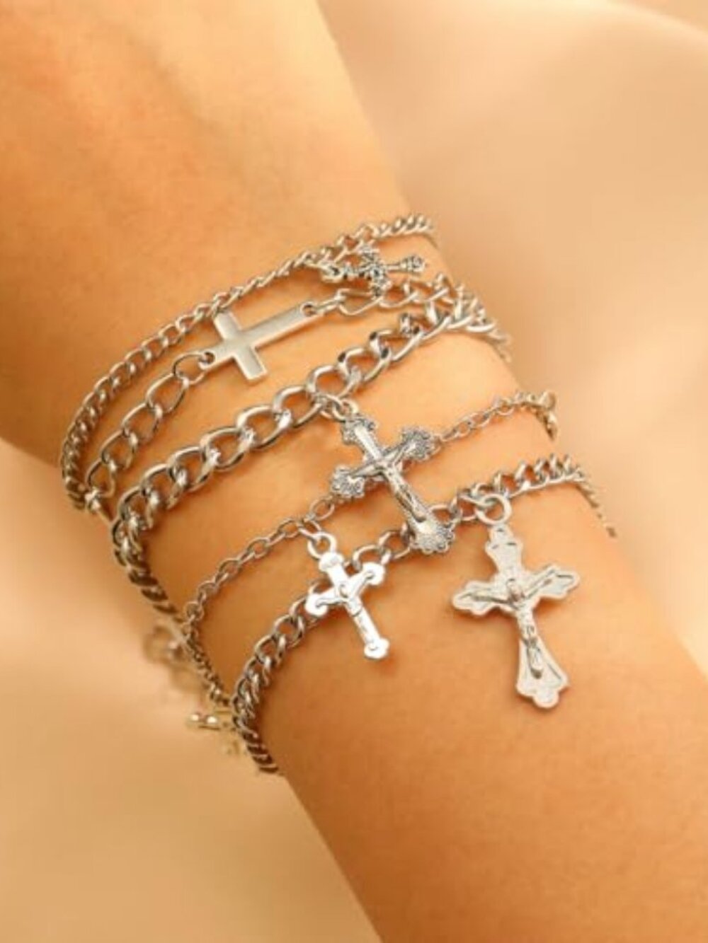 BRAND NEW Silver Cross Chain Bracelet Set Y2k Punk Stackable Cross Link Chains B
